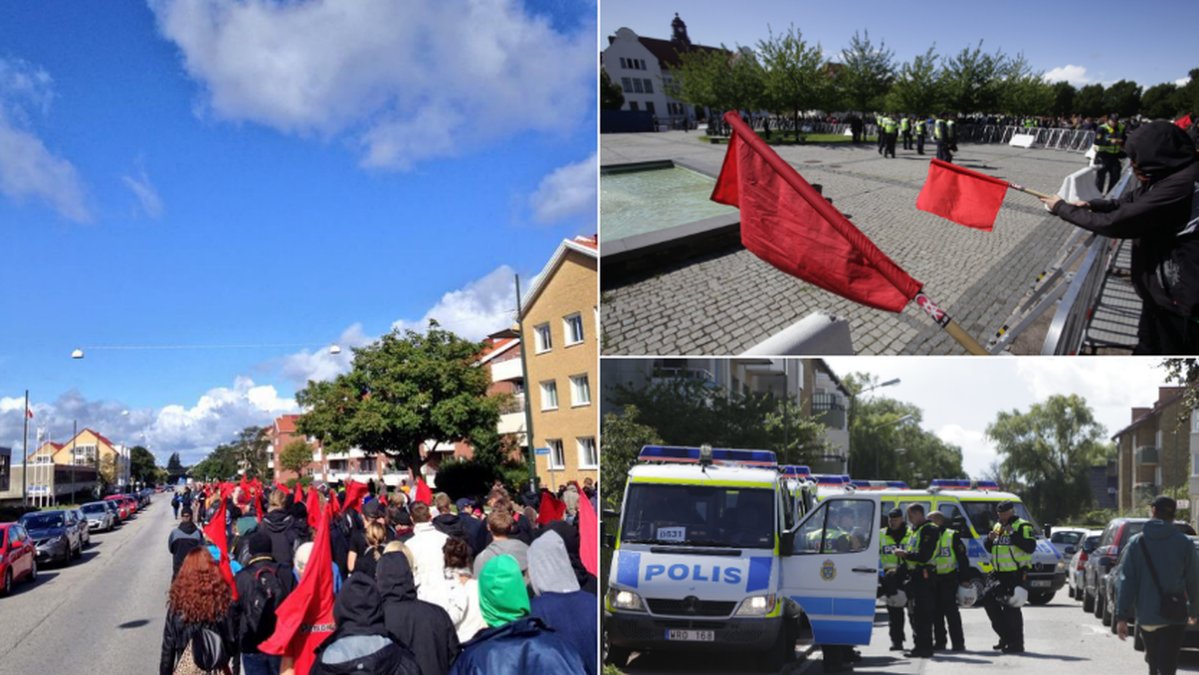 Stort demonstrationståg mot Svenskarnas parti i Malmö och mycket stor poliskommendering på plats inför dagens torgmöte.